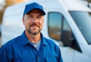 Delivery person smiling and standing in front of a white van