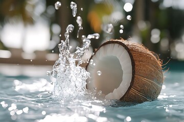 Half Coconut in Water Splash: Tropical Summer Refreshment.  A vibrant image of a coconut falling into a pool, creating a refreshing splash. Perfect for summer themes and healthy lifestyle content.