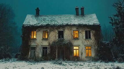 Abandoned snow-covered house with glowing windows at night.