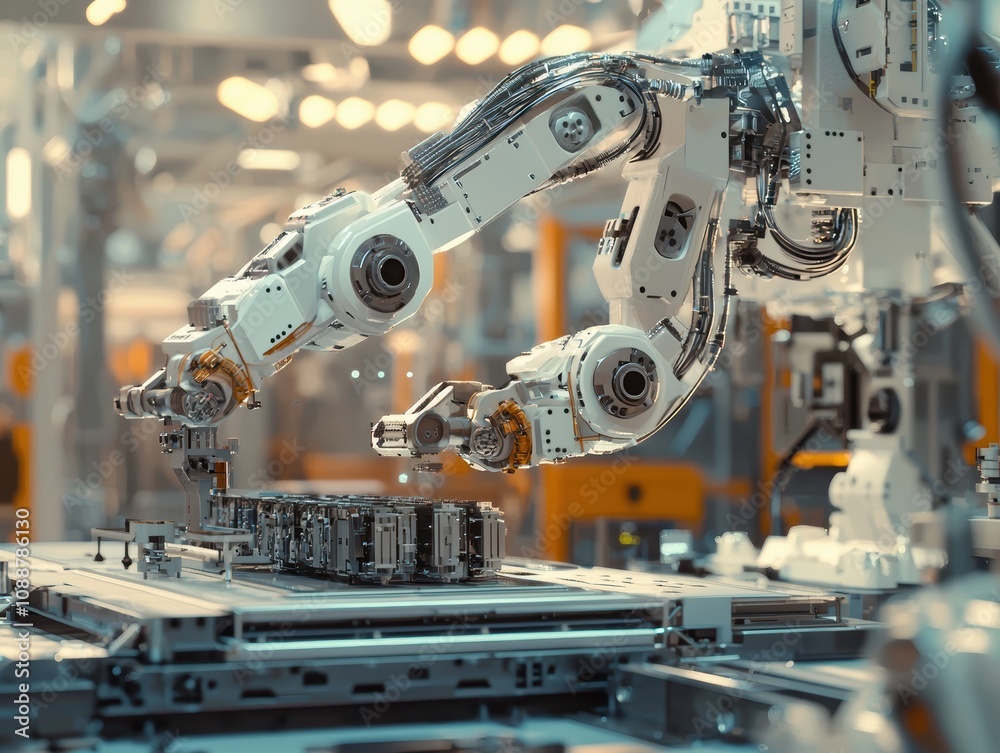 Poster advanced robotic arm in high-tech manufacturing setting with precision tools for automated productio