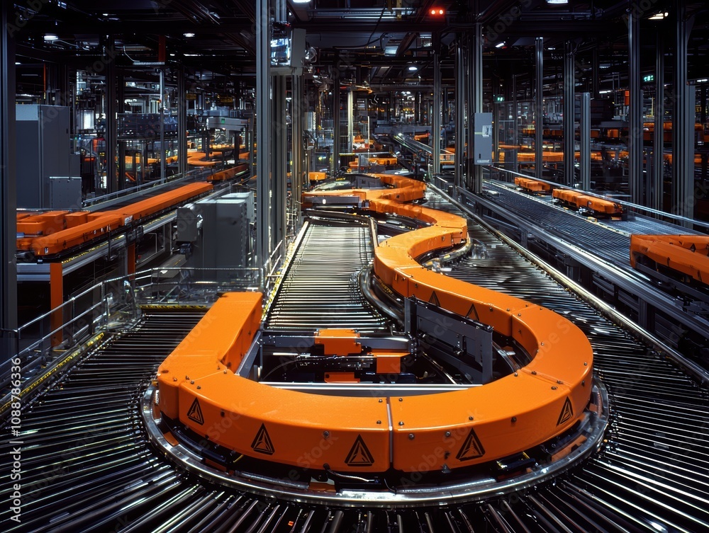 Poster advanced automated conveyor system in modern warehouse facility with streamlined design and efficien