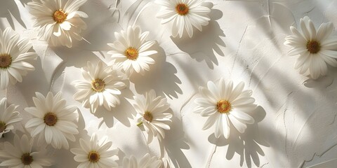 AI generated beautiful white daisies flowers on a white  banner background