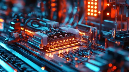 Close-Up View of a High-Tech Circuit Board with LED Lights, Wires, and Components, Demonstrating Advanced Technology and Modern Electronics in a Vibrant Atmosphere