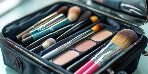 A close-up of makeup products in an organized makeup bag or case.