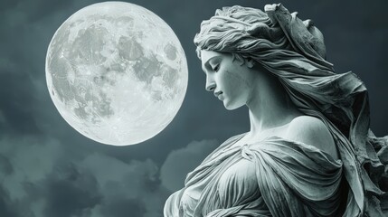 Obraz premium Stone Statue of a Woman with Flowing Hair Underneath a Full Moon