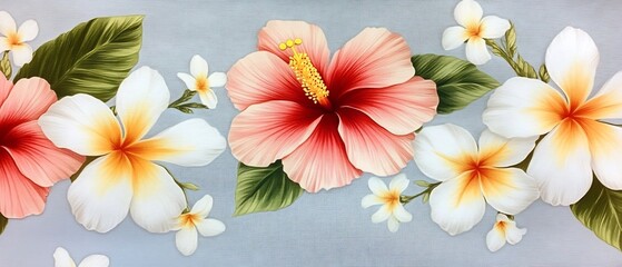 Vintage Inspired Tropical Floral Print with Hibiscus and Frangipani in Muted Summer Tones