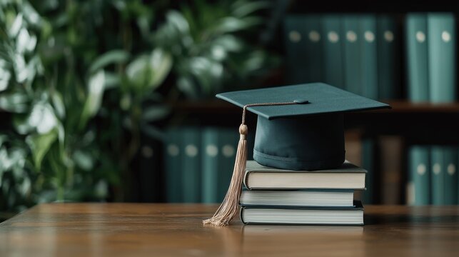Celebrating achievement graduation cap on books academic setting inspirational scene close-up view symbolizing goals