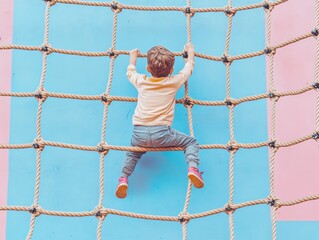 Boy enjoys outdoor playground adventure with climbing ropes and netting against pastel blue backdrop