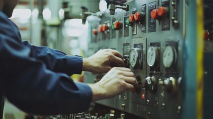 Engineer Operating Industrial Control Panel with Dials, Switches, and Gauges in a Factory Setting, Focusing on Precision and Technical Proficiency in a Production Environment