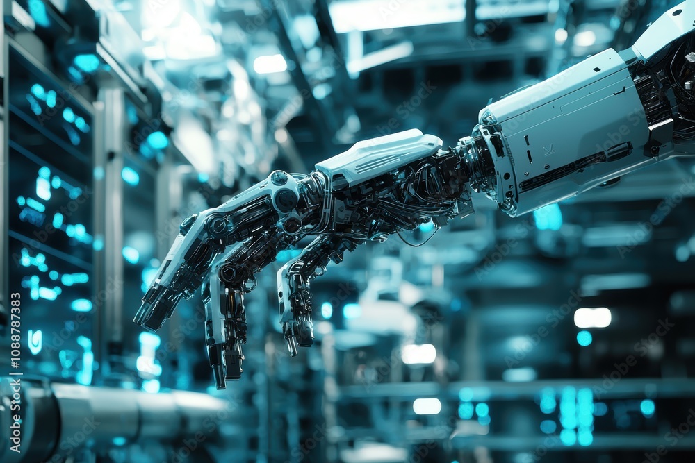 Poster futuristic robotic hand reaching out in high-tech environment with glowing elements and intricate de