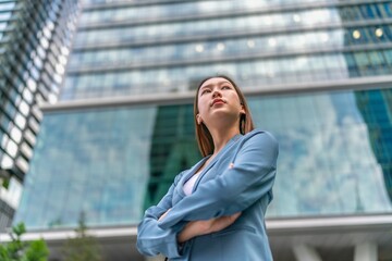 Confident Young Businesswoman With Laptop Bag In Front a Modern Office Building in a Financial Business District