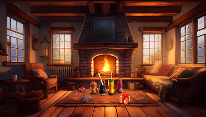 illustration of the Sinterklaas party, children put their shoe in front of the fireplace in the evening for a present from Sinterklaas and the presents are delivered through the chimney, AI generated