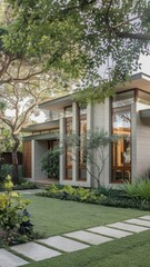 Obraz premium Modern Contemporary Home with Floor-to-Ceiling Windows and Beautiful Landscaping