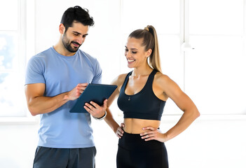 Personal trainer standing with an ipad while talking to a female client 