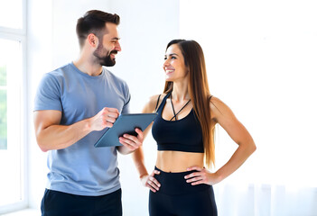 Personal trainer standing with an ipad while talking to a female client