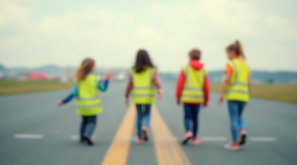 Obraz premium Silhouettes of children in reflective vests running on the runway, blurred image