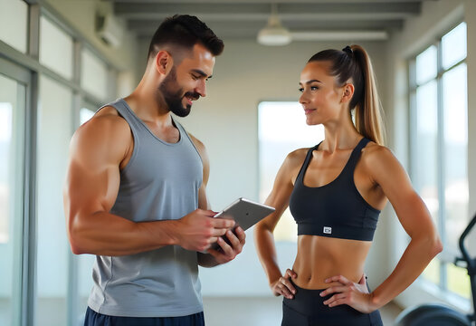 Fit man standing in the gym and holding a tablet while he talks to a female lady client