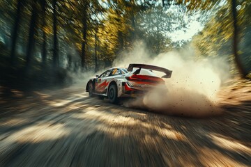Dynamic rally car in action  wrc vehicle surrounded by dust in forest stage setting