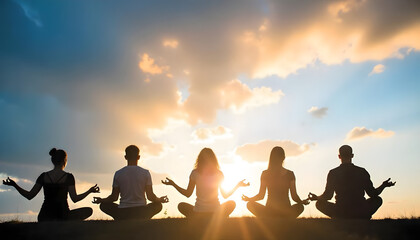 Group of people sitting outdoors and doing yoga or meditation during sunny day and a sunset 