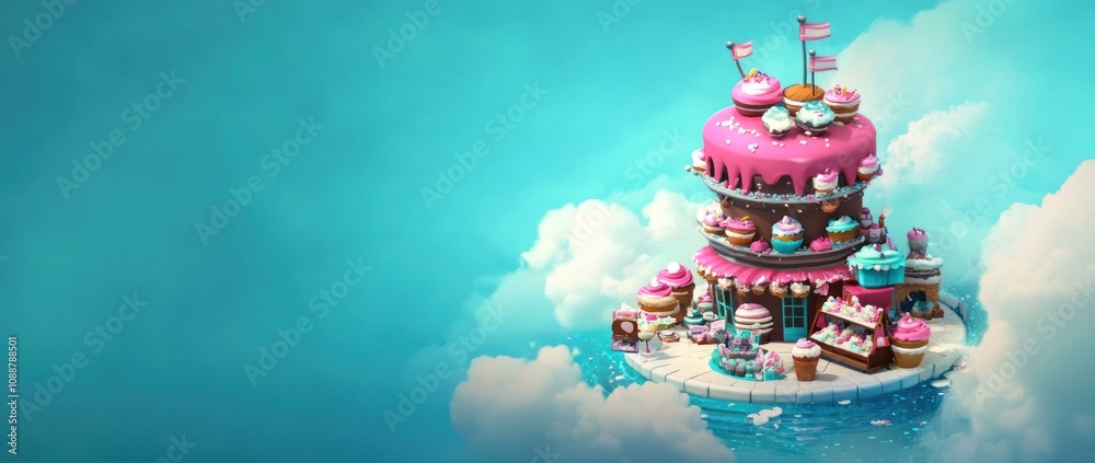 Aufkleber a whimsical cake shop floating on clouds, adorned with colorful desserts and playful flags.