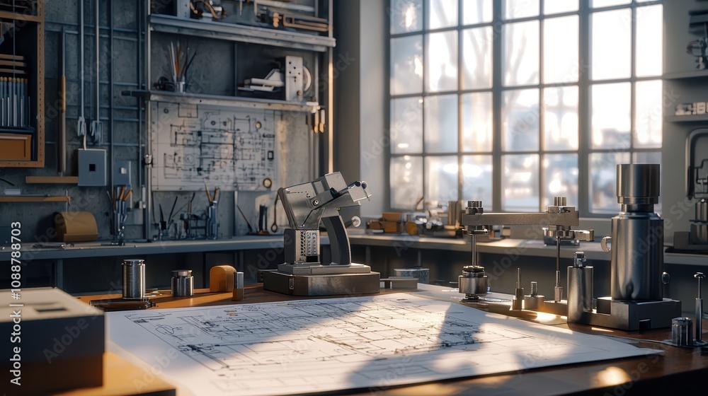 Poster a well-lit workspace showcasing blueprints and various tools, emphasizing creativity and craftsmansh