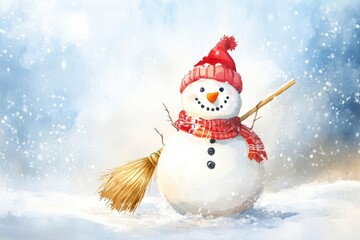 Fototapeta premium A cheerful snowman wearing a red hat and scarf stands in a snowy landscape.