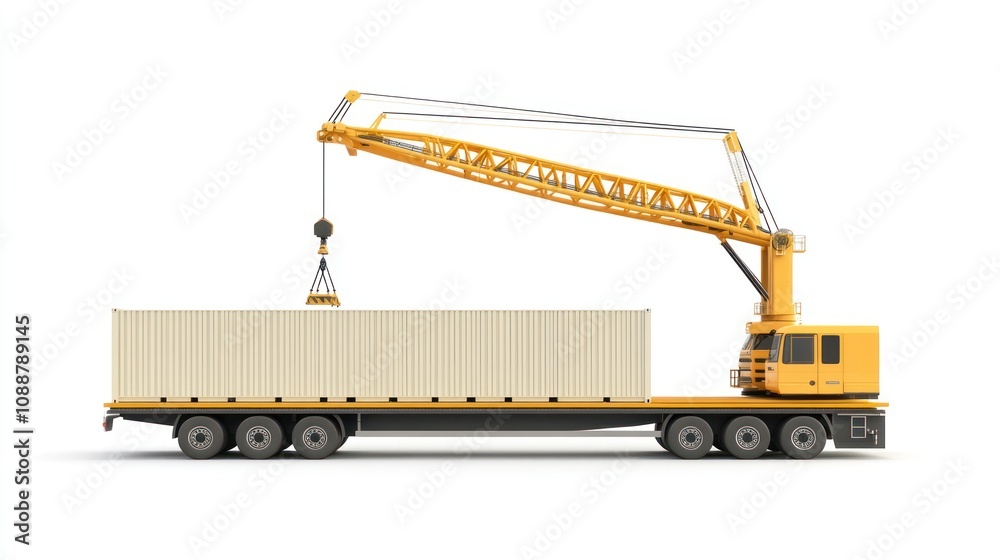 Poster A crane truck lifting a shipping container for loading or unloading purposes.