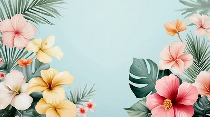 Fototapeta premium Vibrant Tropical Flowers Painted in Vintage Watercolor Style with Muted Pastel Tones