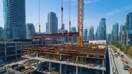 Aerial View of Construction Site with Crane Lifting Steel Beam Against Urban Skyline Featuring Modern Buildings and Clear Blue Sky