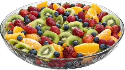 Refreshing Fruit Salad in a Crystal Bowl: Strawberries, Kiwi, Blueberries, and Mandarin Oranges