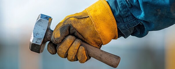 A close-up of a gloved hand holding a hammer, showcasing safety gear and tools typically used in construction or DIY projects.