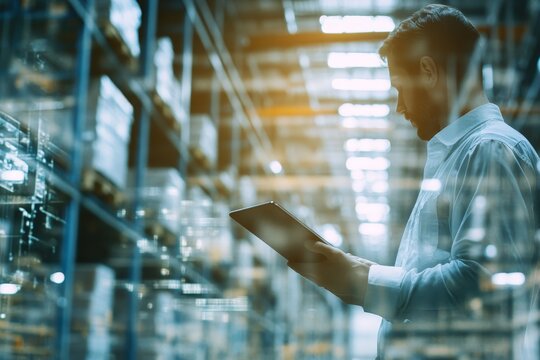 Engineer utilizing digital tools to develop industrial blueprint with cloud technology concept