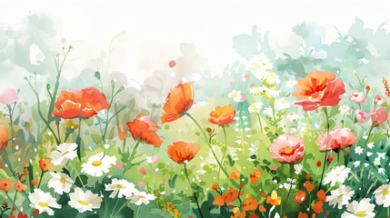 Obraz premium A watercolor painting of a field of flowers, mainly red poppies, with a light blue sky.