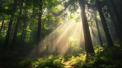 Fototapeta premium Sunbeams in a misty forest. Magical forest path.