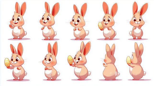 Collection of cute rabbits for Easter with eggs, lovely Cartoon Characters of bunnies, bunny illustration drawing set for postcard design