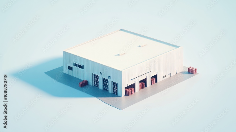 Poster A minimalist warehouse structure with loading docks and crates.