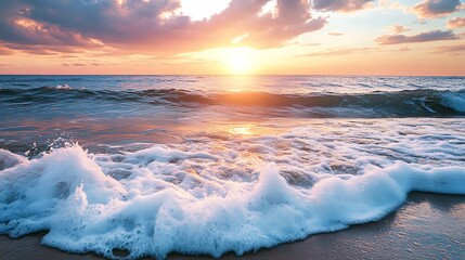Naklejka premium Ocean waves at sunset. Seascape, beach, summer, vacation.