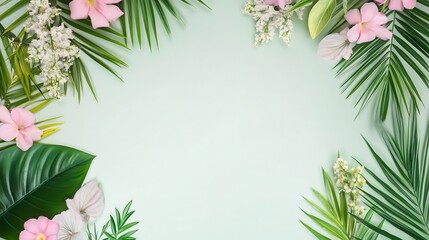 Exotic Palm Leaves and Flowers Creating Minimalist Border on Pastel Background