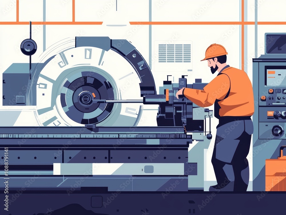 Poster skilled worker operating lathe machine in modern factory workshop, precision engineering process wit