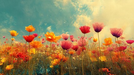 Obraz premium Hintergrundbild, Wallpaper - Landschaft mit bunten Blumen und Himmel