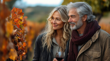 Fototapeta premium Couple enjoys autumn afternoon in a vineyard, admiring colorful grape leaves and sipping wine together. Generative AI