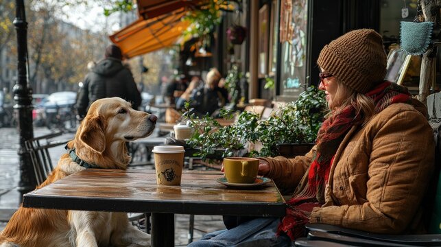 A blind woman sitting at a cafe, enjoying a cup of coffee, her guide dog lying calmly at her feet,
