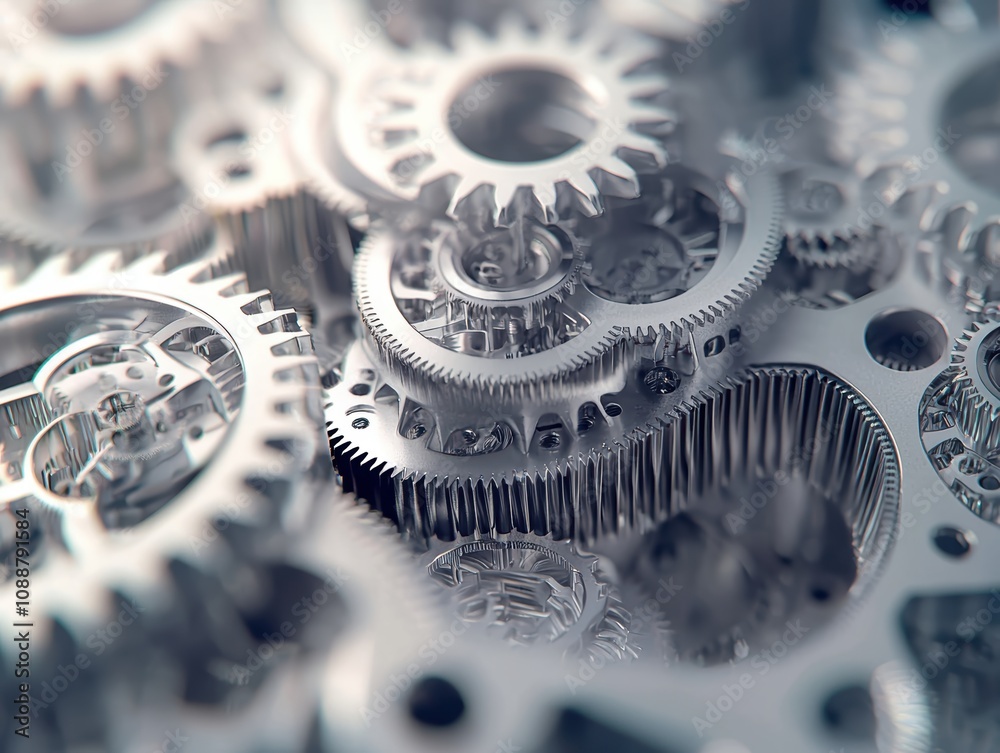 Poster close-up of intricate metal gears interlocking in a dynamic arrangement showcasing the complexity of