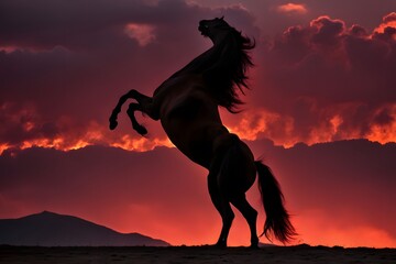 Dramatic silhouette of a horse rearing up in front of a fiery red sunset, AI Generated