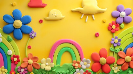 A clay art scene of a garden with a rainbow.
