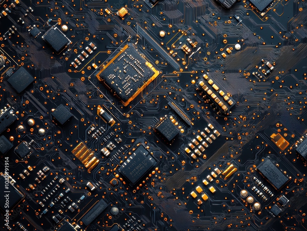 Poster intricate close-up of a modern circuit board featuring complex patterns and components, ideal for te