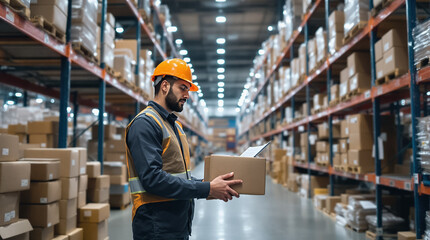 A warehouse worker checks a box while surrounded by neatly stacked packages on shelves during daylight hours