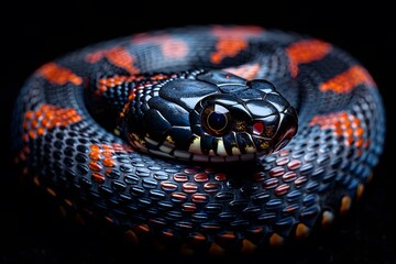 Fototapeta premium Vibrant Black and Orange Snake Coiled Elegantly on Dark Background for Nature and Wildlife Themes
