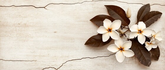 Aged Frangipani and Monstera Leaves Arranged on Cracked Wooden Surface with Warm Sepia Tones