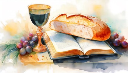 Eucharistic symbols. Lord's supper symbols: Bible, wine glass and bread on the table. Digital watercolor painting.
